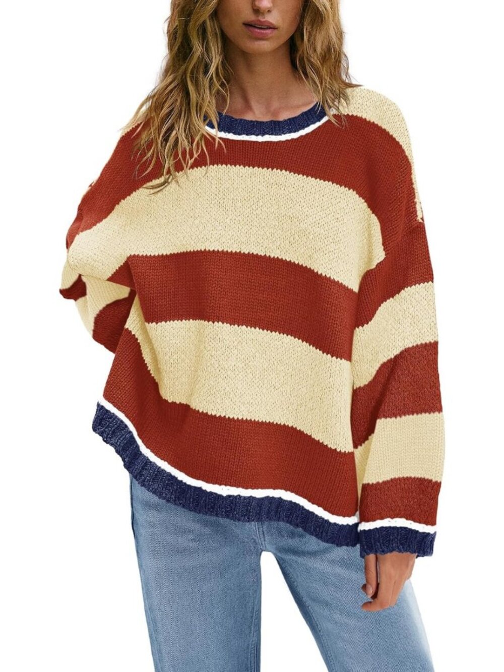 Cozy Oversized Colorblock Striped Sweater | Chunky Cable Knit Crewneck Pullover